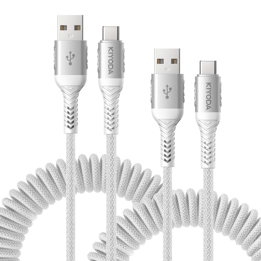 Coiled USB to USB C Cable for Car 3FT/6FT, USBC Cables Fast Charging Braided USB-A to USB-C Phone Charger Cord USB Type C Cable for iPhone 16 15 Pro Max, Samsung Galaxy S24 S23 and More-2Pack Silver