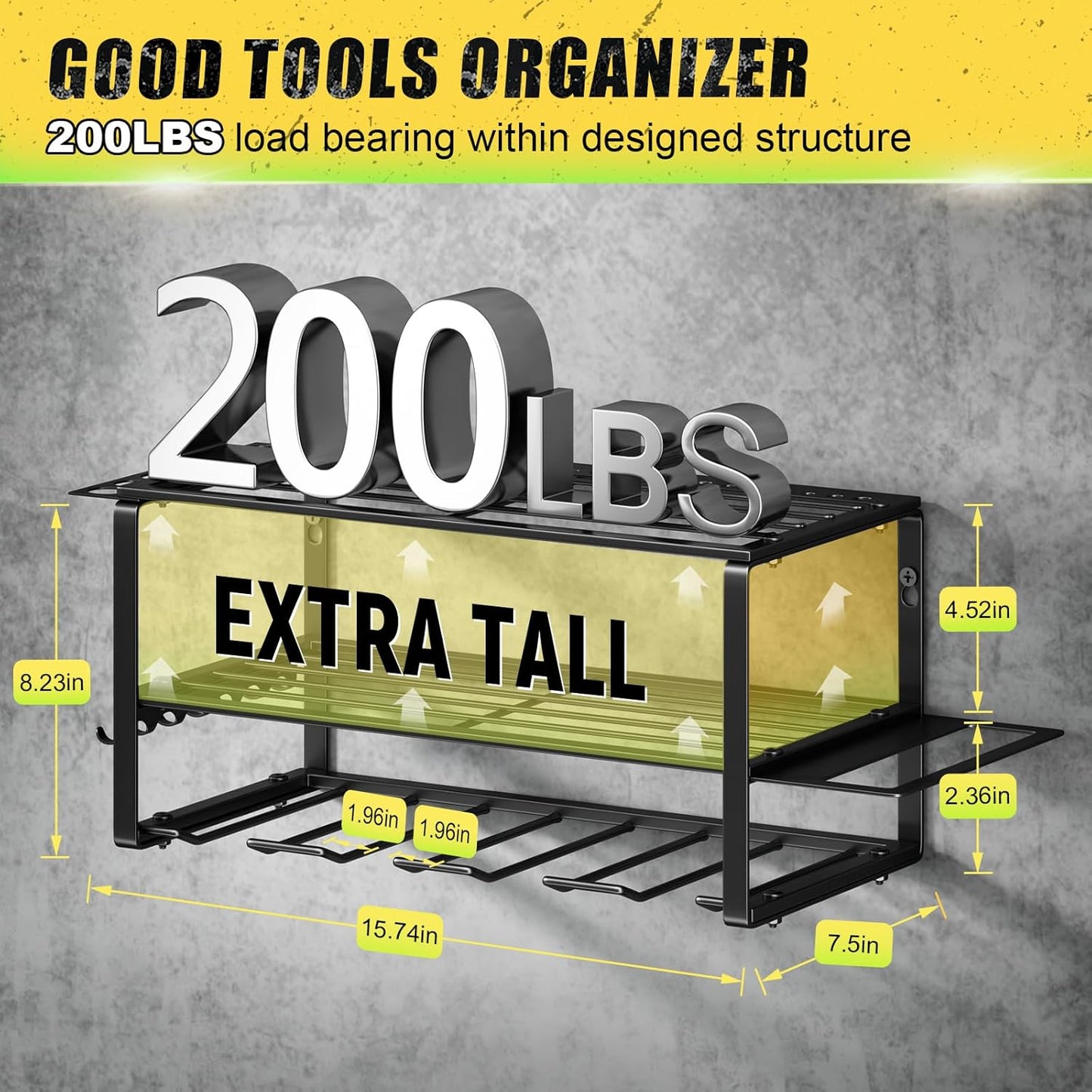 Power Tool Organizer Wall Mount - 200Lbs Load 3 Layers Storage Rack with 4 Drill Holders for Drills Cordless Tools. Heavy Duty Iron Garage Tool Organizer Storage for Workshop Shed Pegboard Basement