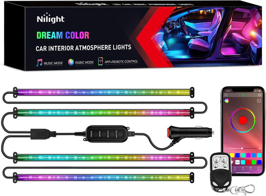 Nilight 4PCS Interior Car Strip Lights Cigarette Lighter Dream Color RGB-IC 12V DC with App Remote Control Multicolor Under Car Dash Lighting 2 Lines Design Music Sync Mode for Cars Truck ATV UTV