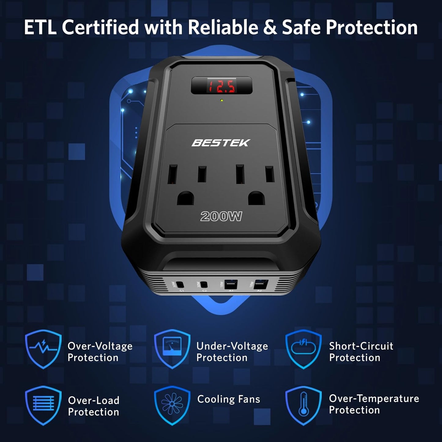 BESTEK 200W Car Power Inverter - DC 12V to 110V AC Converter with 2 USB-C(30W) and 2 USB-QC(18W) - Fast Car Charger Adapter with LCD Screen, Dual AC Adapter for Laptops (Black)