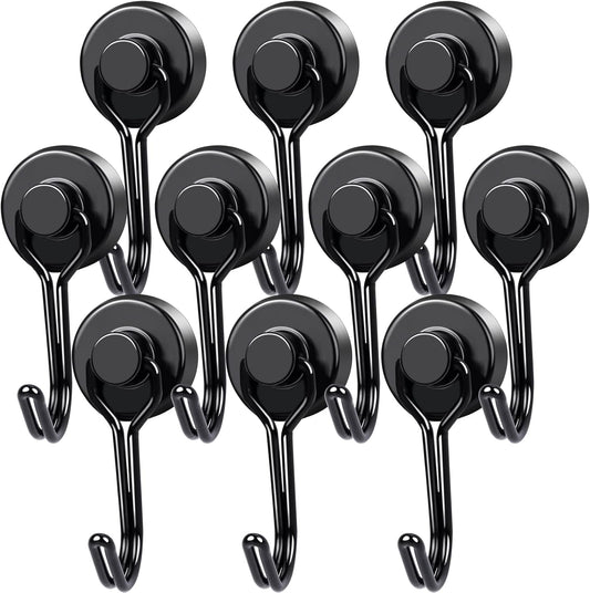 MIKEDE Magnetic Hooks, 40Lbs Heavy Duty Neodymium Magnet Hooks Black Magnetic Swivel Hooks for Hanging, 10 Pack Rust Proof Strong Magnets with Hook Metal Hanger for Fridge, Toolbox, Storage