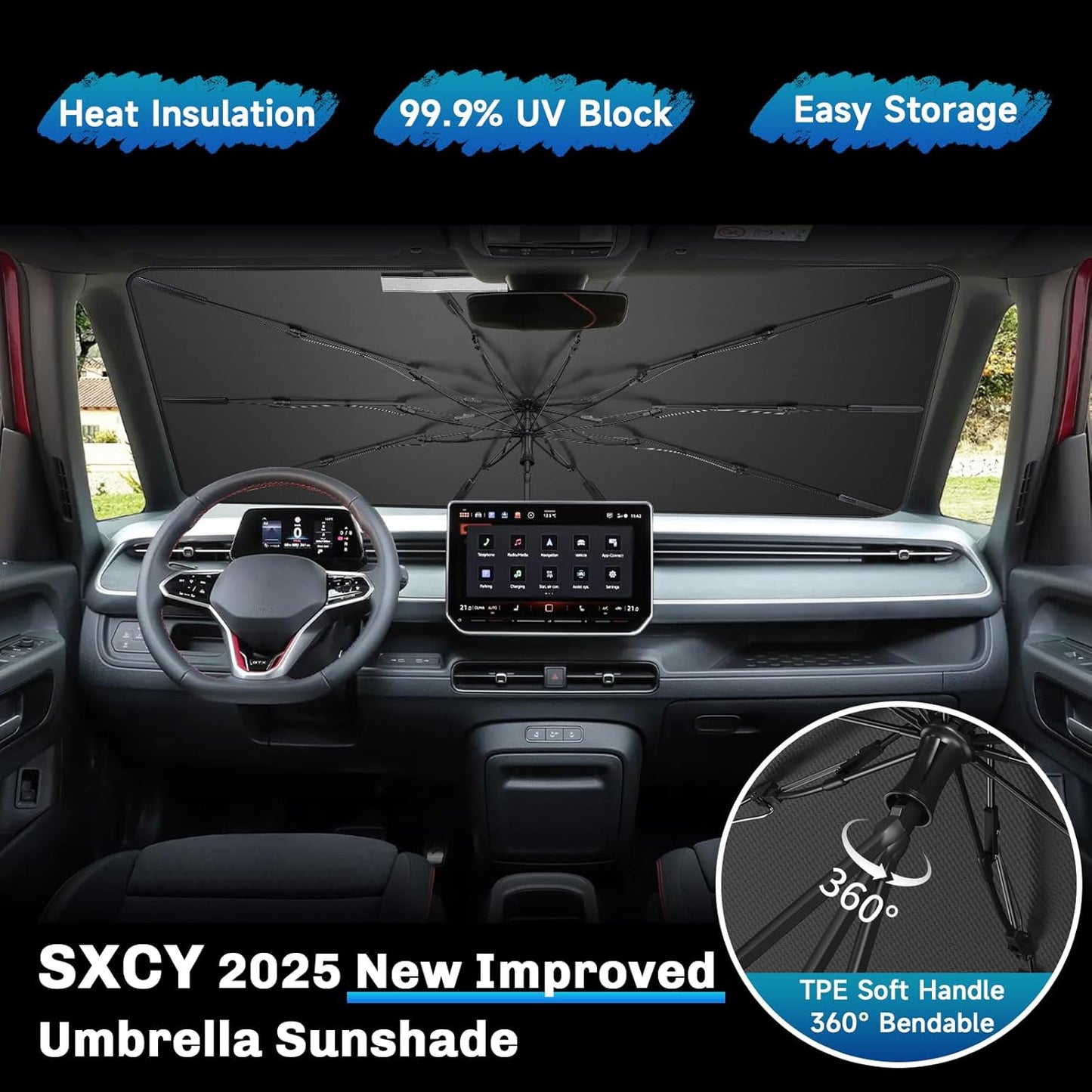 SXCY for 2023-2025 VW ID.Buzz Windshield Umbrella Sunshade [Easier Foldable] for 2025 VW ID.Buzz Accessories 2025 ID.Buzz Sunshade Umbrella for 2025 ID.Buzz Windshield Sun Shade Umbrella Protect