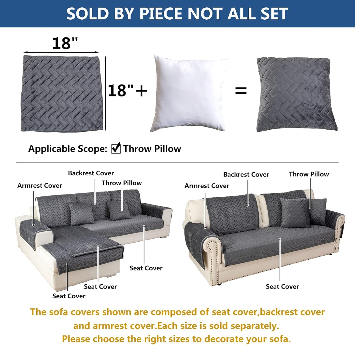 Eismodra Throw Pillows,Couch Cover,Sofa Cover,Sectional Couch Covers for 3 Cushion Couch,Sofa Slipcovers for Dogs Cats Pet Loveseat Recliner Leather L Shaped,Dark Gray 18 x 18 Inches (Only 1 Piece)