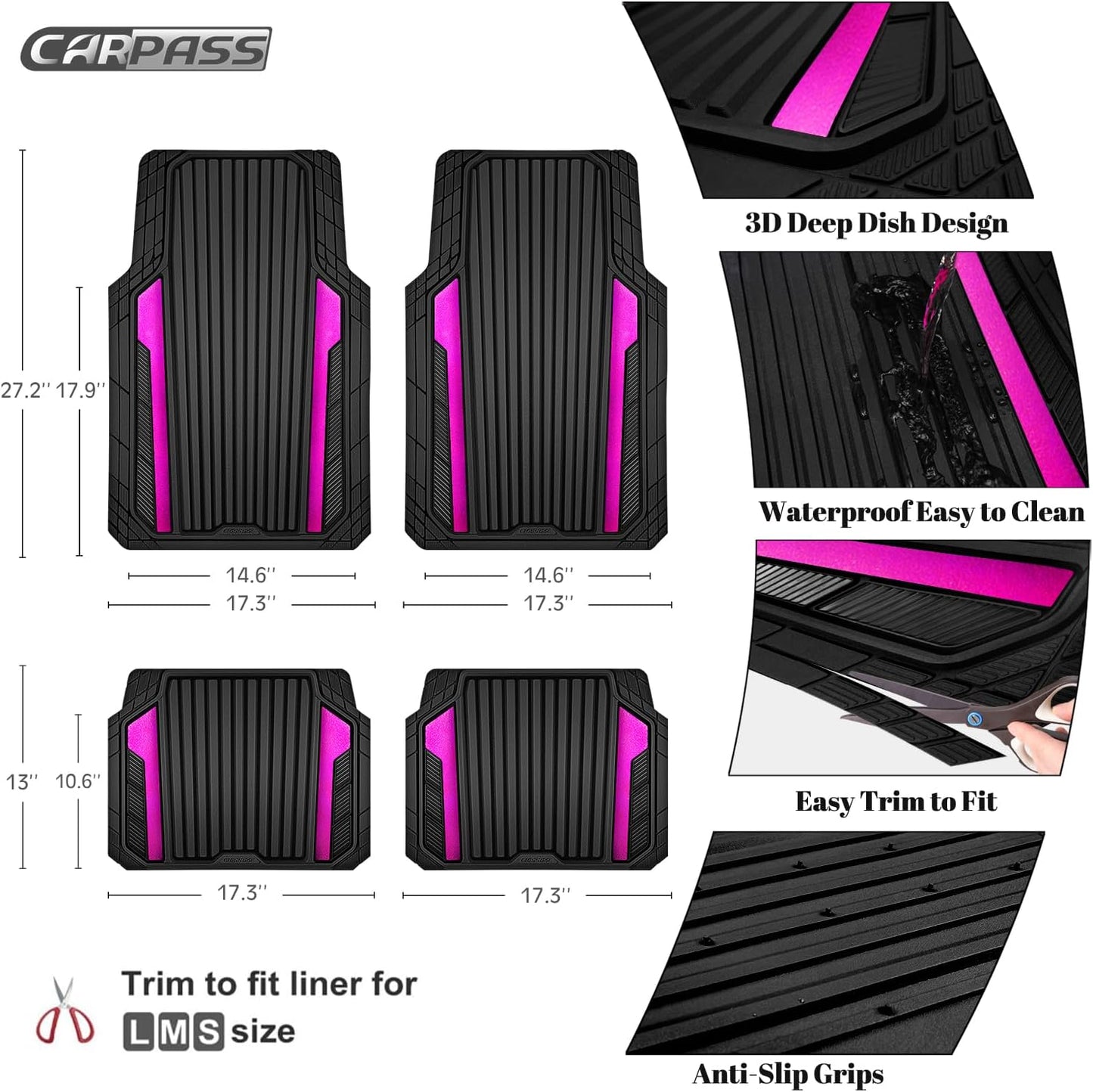 CAR PASS Heavy Duty Rubber Car Mats Metallic, Aluminum Film All Weather Floor Mats Waterproof Universal Trim to Fit for SUV Sedan Van 4 Piece Anodized Deep Dish Two-Tone Sporty Black Hot Pink Chrome