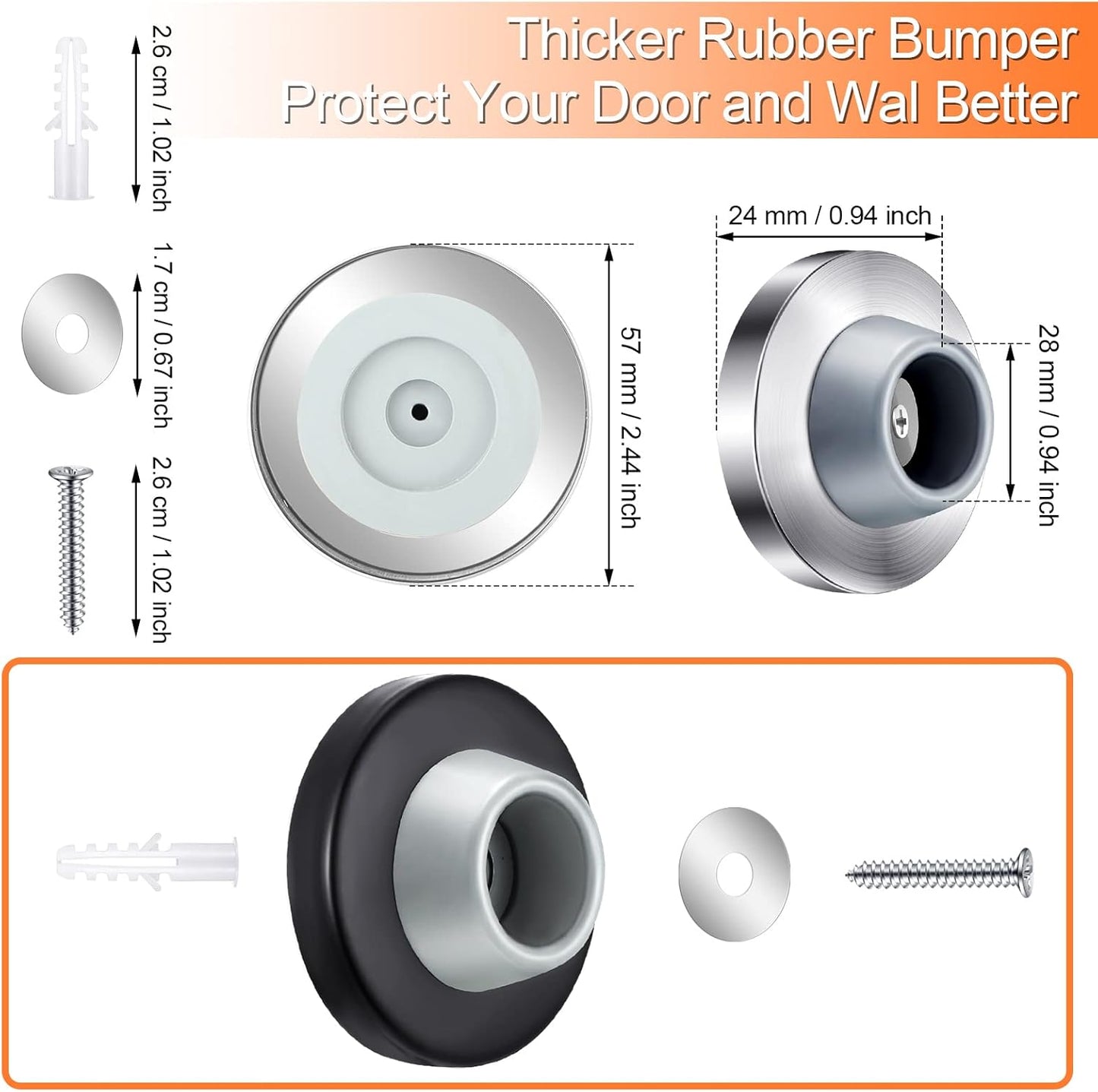 Blulu Concave Wall Door Stopper Door Bumper Stainless Steel Wall Protector Flush Bumper with Grey Rubber Concave Knob Cover Stopper(Silver, Black,2 Pieces)