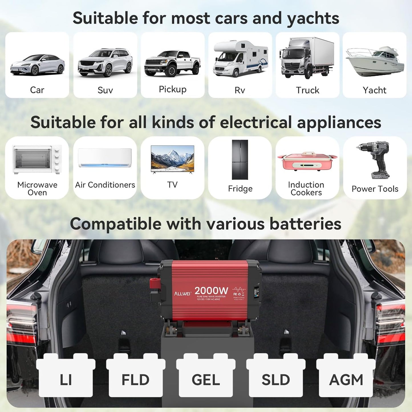 ALLWEI 2000W Pure Sine Wave Inverter 12V DC to 110V AC Converter, Surge 4000W, 2 AC Sockets, LCD Display, Power Inverters for Vehicles, RV, Truck, Home, Solar & Off-Grid Inverter, Remote Controller