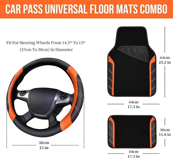 CAR PASS Leather Steering Wheel Cover and Waterproof Car Floor Mats,Microfiber Universal Car Combo Fit for 95% Sedan SUV Van Truck,14.5-15inch Sporty Anti-Slip Safety Comfortable Design, Black＆Orange