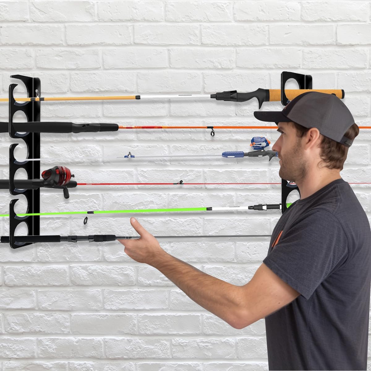 Fishing Rod Rack Pole Wall or Ceiling Storage Holder Hook Keeper Display Hanger Organizer Mount for Garage, Cabin Storeroom Porch and Basement Poles Holds 12 Rods Heavy Duty Metal safe