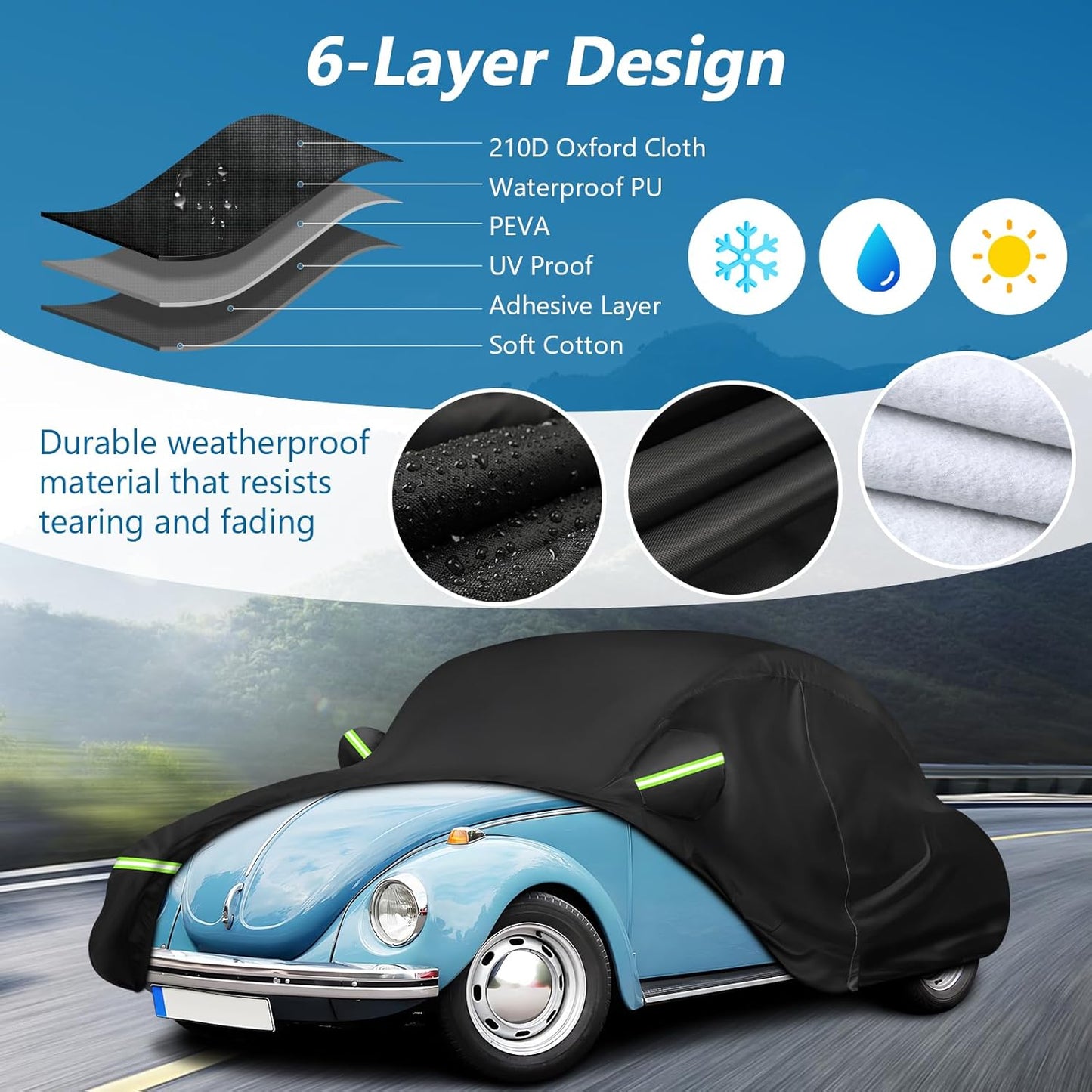 Custom Fit for Volkswagen Beetle Bug 2-Door 1960-1980 Sedan Car Cover Waterproof Heavy Duty All-Weather Protection with Door Zipper & Storage Bag