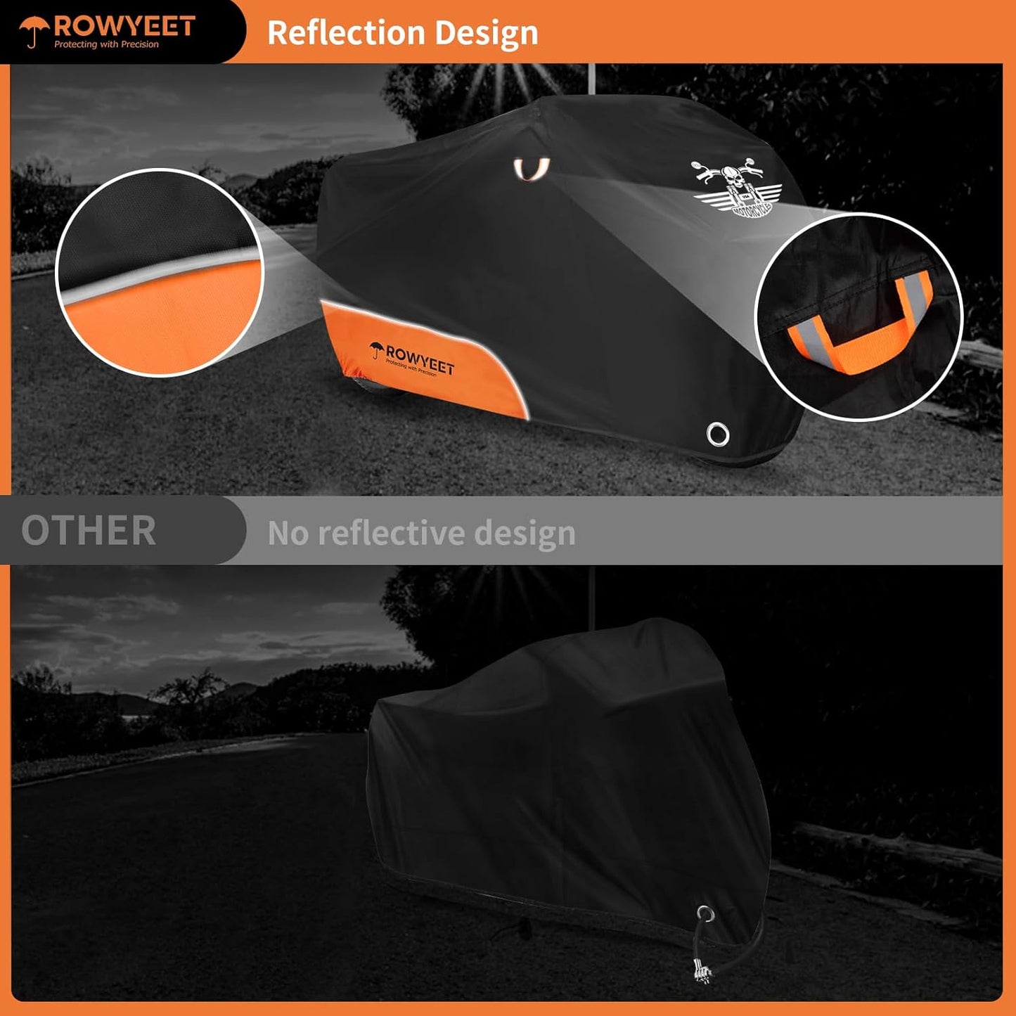 Motorcycle Cover Waterproof Outdoor Storage with Lock-Holes, Zipper Storage Bag & Night Reflective Design, All Season Protection Powersports Vehicle Covers Fits up to 96.5" Motorcycles