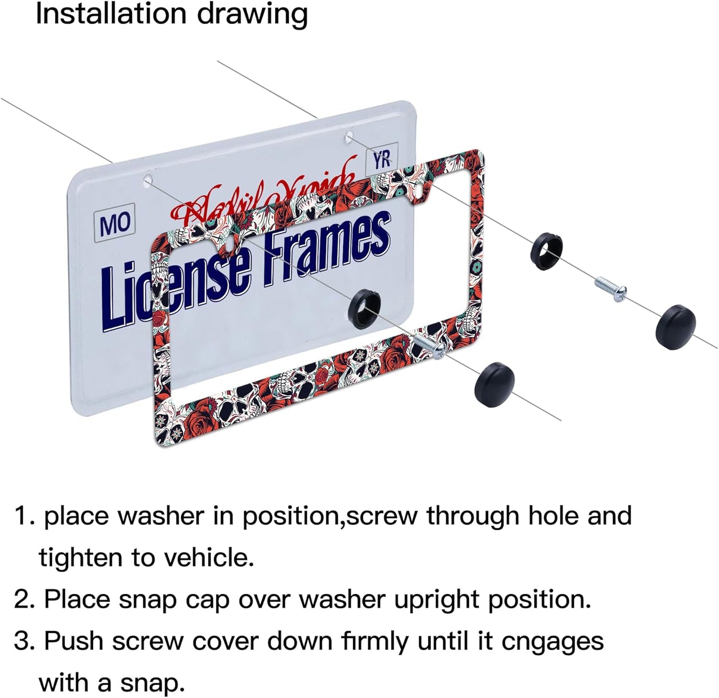 Stainless Steel Sugar Skull License Plate Frame Skull License Plate Holder Sugar Skull Car Accessories Day of The Dead Frame Witchy License Plate Frame for Women 12.3" X 6.3"