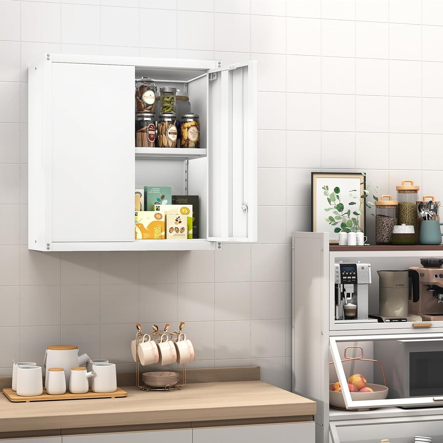 GREATMEET Metal Wall Cabinet, Wall Mounted Storage Cabinet with Lock for Garage Storage, White Floating Cabinet with Doors and Adjustable Shelf for Utility Room