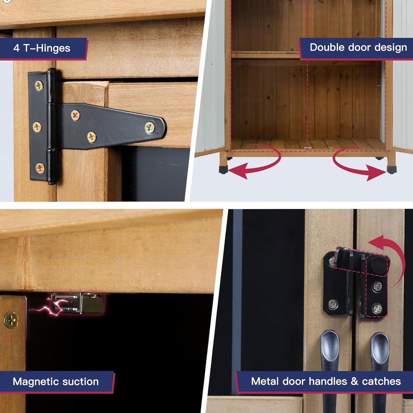 Wood & Metal Outdoor Storage Cabinet with Waterproof Roof, Garden Tool Shed with 4 T-Hinge, 4 Adjustable feet and Magnetic Door, 2 Removable Shelves, Easy Installation, 13.5" D x 34.5" W x 39" H