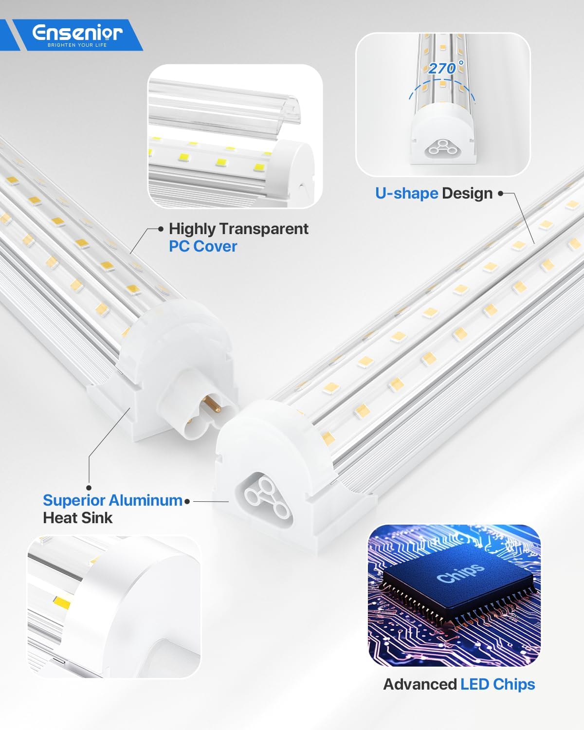 Ensenior 6 Pack 4 FT Led Shop Lights, 6000K Clear White, 5000LM Super Bright, 36W Equivalency 468W, Commercial Bay Lighting, U-Shaped Linkable Shop Lights Plug in for Garage, Workshop, FCC Certified