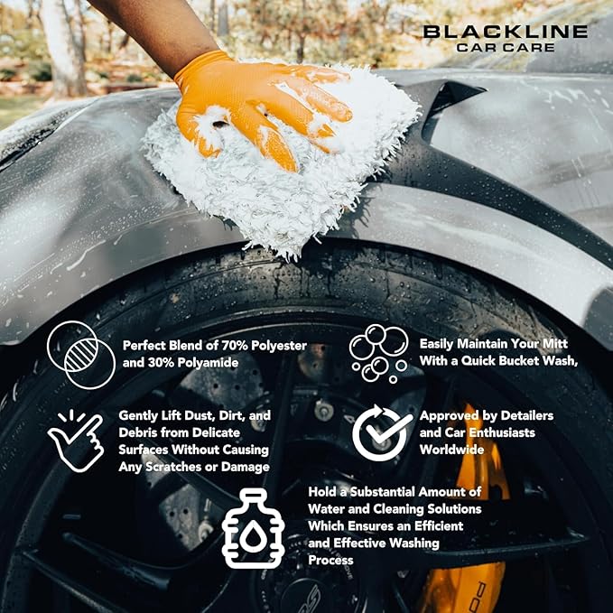 Blackline Microfiber Automotive Wash Mitt -Premium Scratch Free Wash Mitt for Car Cleaning|Car Detailing Accessory Works with Bucket, Car Shampoo, or Foam Cannon | 70%/30% Microfiber Blend, 9"x11"