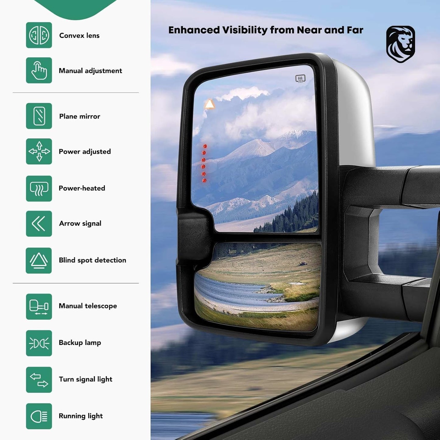 YHTAUTO Power Adjusted Heated Towing Mirrors Fit Toyota 07-21 Tundra, 08-17 Sequoia, Arrow & Turn Signal & Backup Running Light, w/Blind Spot Detection, Telescoping Driver Passenger Side Car Mirrors