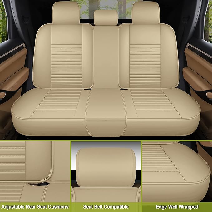 AOOG Leather Car Seat Covers, Leatherette Automotive Seat Cover for Cars SUV Pick-up Truck, Universal Non-Slip Car Seat Cover Waterproof Protectors Interior Accessories, Rear, Beige