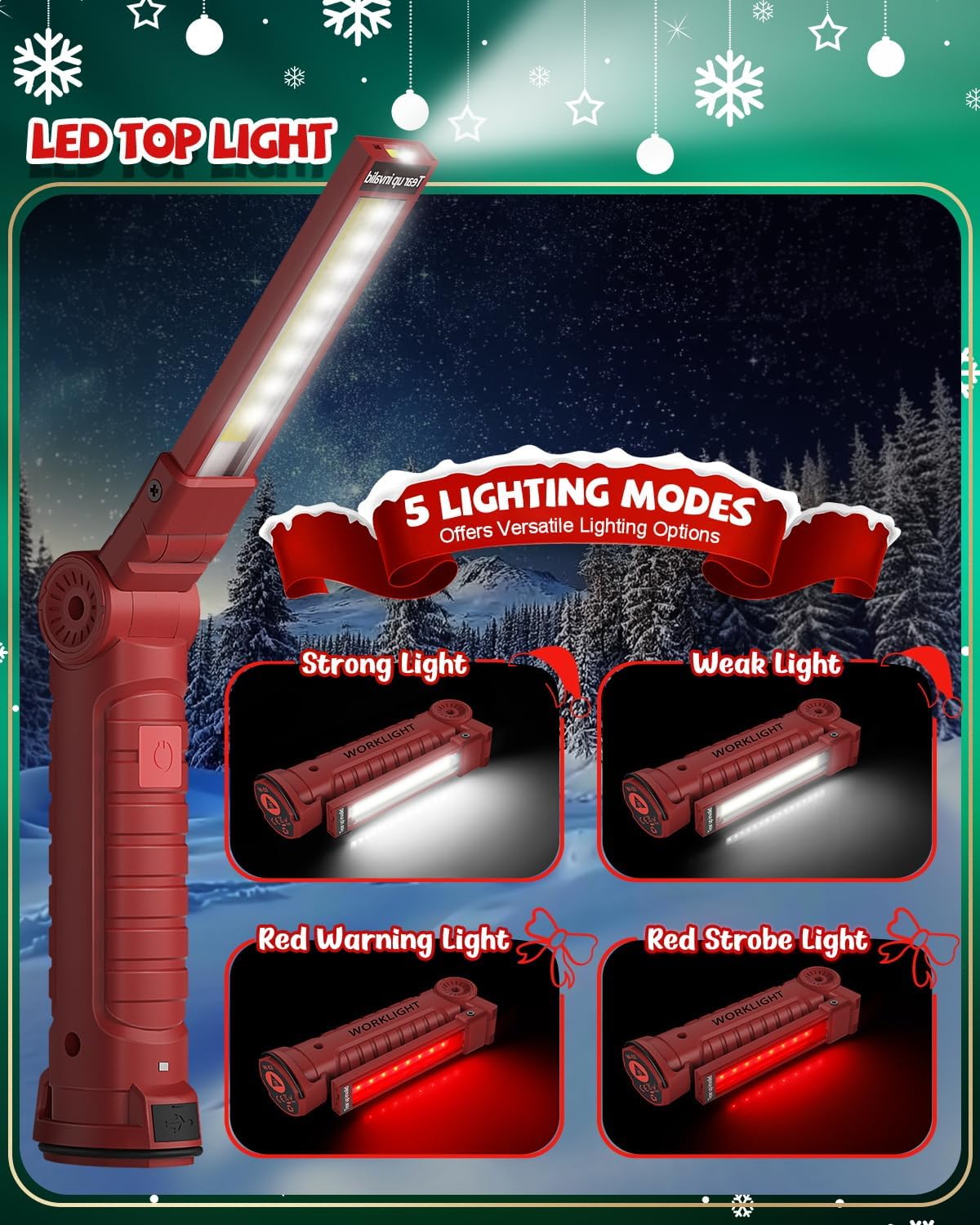 Coquimbo Tools Gifts for Men Dad Husband, Rechargeable LED Work Light Grill Light Magnetic Flashlight with Hanging Hook 5 Modes 360° Rotate Birthday Gifts for Him Grandpa (2 Pack Red)