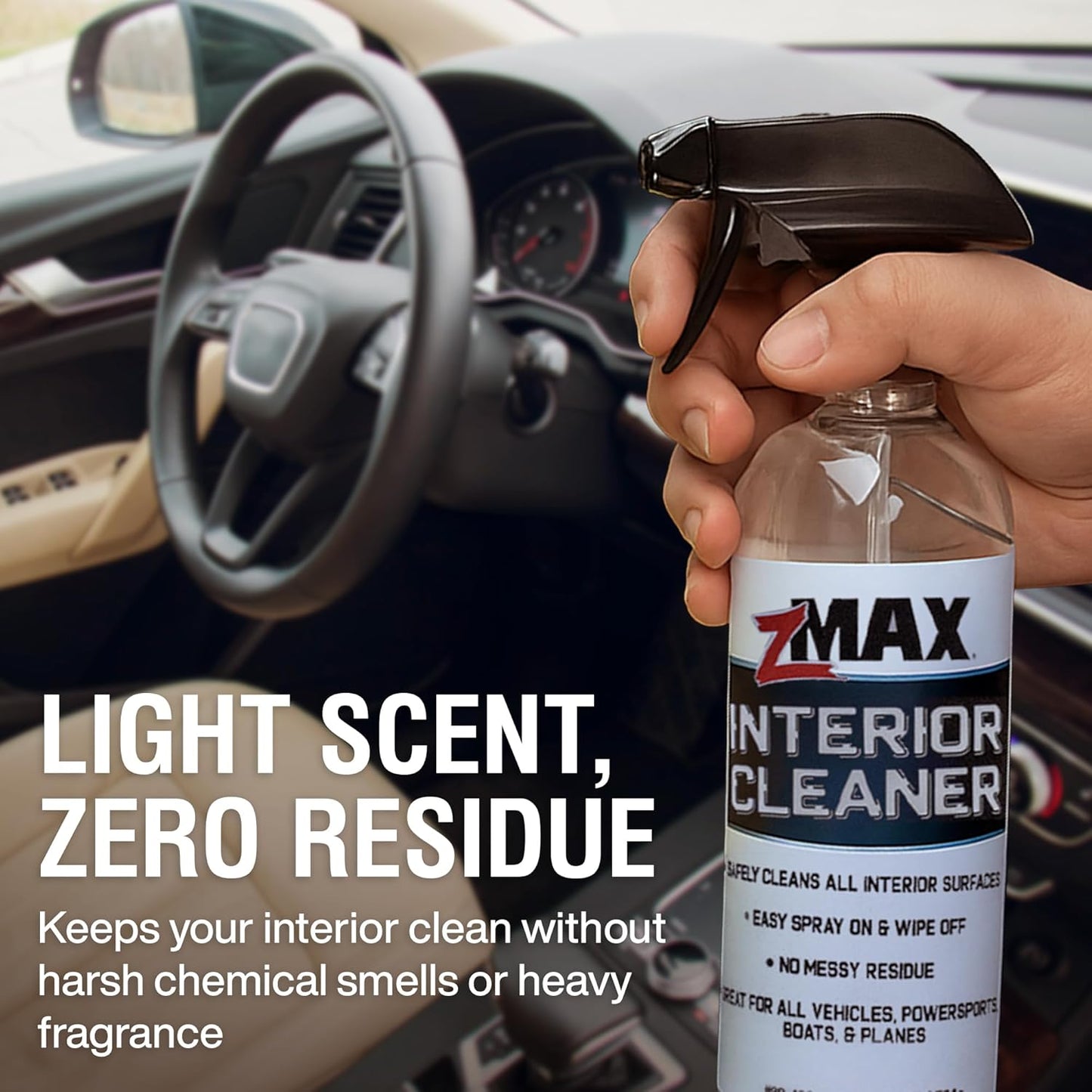 zMAX Interior Cleaner, 24oz - All Purpose Car Interior Cleaner Spray with Light Scent - Safe to Use on Dashboard, Console, Cup Holders, Steering Wheel, Door Panels, and Leather, Vinyl, or Fabric Seats