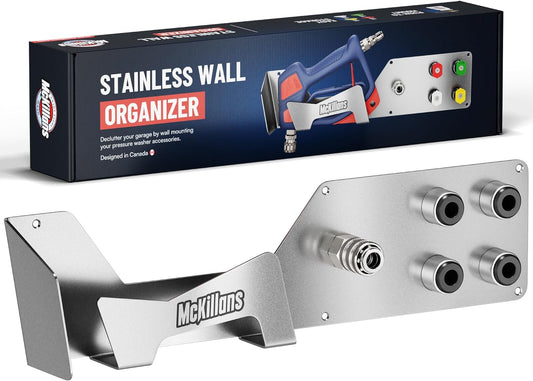 McKillans® Stainless Wall Organizer PRO - Pressure Washer Gun & Foam Cannon Holder - Foam Cannon Wall Mount Quick Connect - Tip & Nozzle Holder - Wall Mounted Garage Organizer