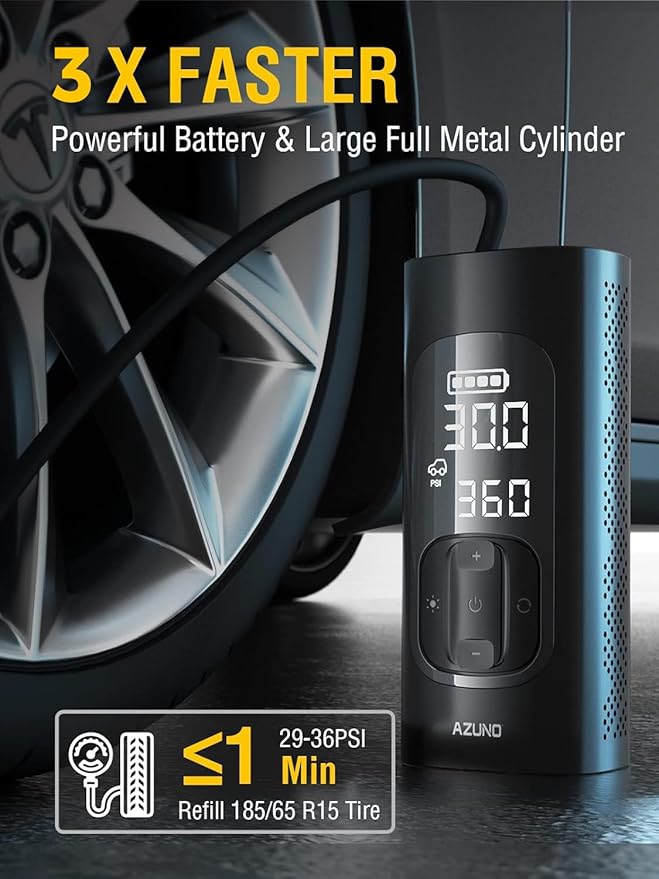 AZUNO Tire Inflator Portable Air Compressor, 3X Fast Inflation Portable Air Pump, Auto Shut-Off Tire Pump for All Cars Motorcycles & Bikes, with Presta and Schrader Valves, Accurate Pressure, 150PSI