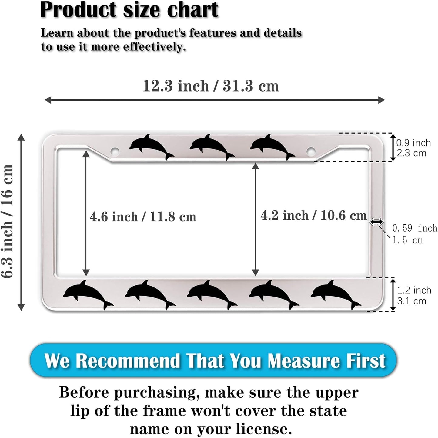 License Plate Frames for Women Black and White License Plate Protector for Men Dolphin Universal Aluminum Car Accessory 2 Pack with Screw Covers Set