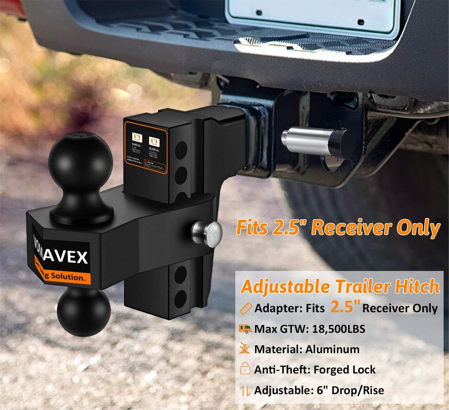 Adjustable Trailer Hitch-Drop Hitch Fits 2.5-Inch Receiver -6" Drop/Rise Tow Hitch with 2" and 2-5/16" Tow Balls-18,500GTW with Double Anti-Theft Pins Locks (Black+Black)