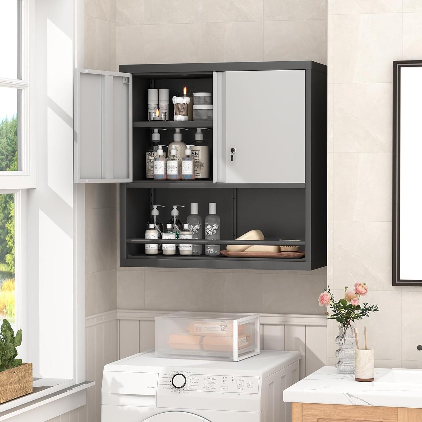 GREATMEET 31" H Metal Garage Storage Cabinets,Wall Cabinet Storage,Lockable Wall Mount Cabinet, Metal Wall Cabinet for Garage Office Utility Room, Black&Grey