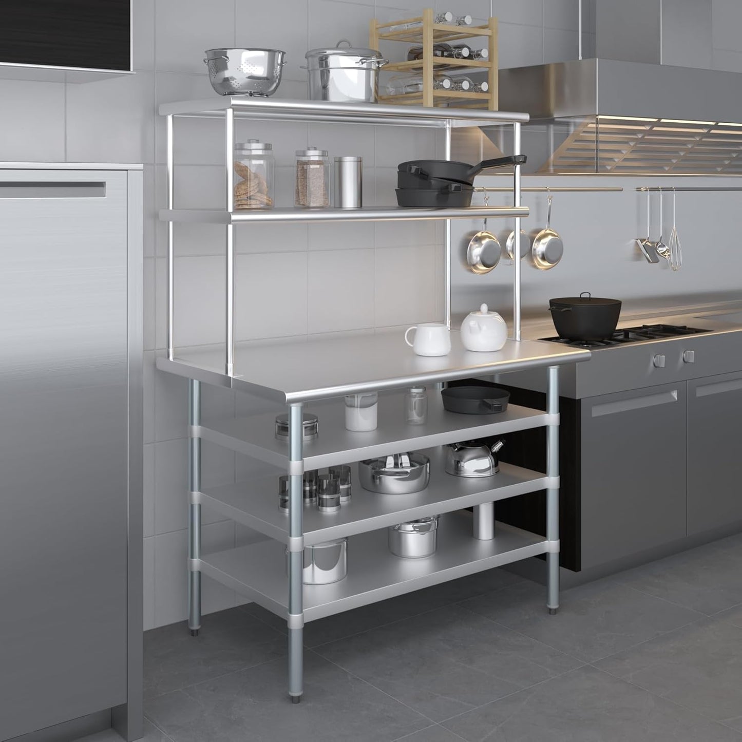 Amgood 30" x 48" Stainless Steel Work Table with 3 Shelves and 18" Wide Double Tier Overshelf | Metal Kitchen Prep Table & Shelving Combo | NSF