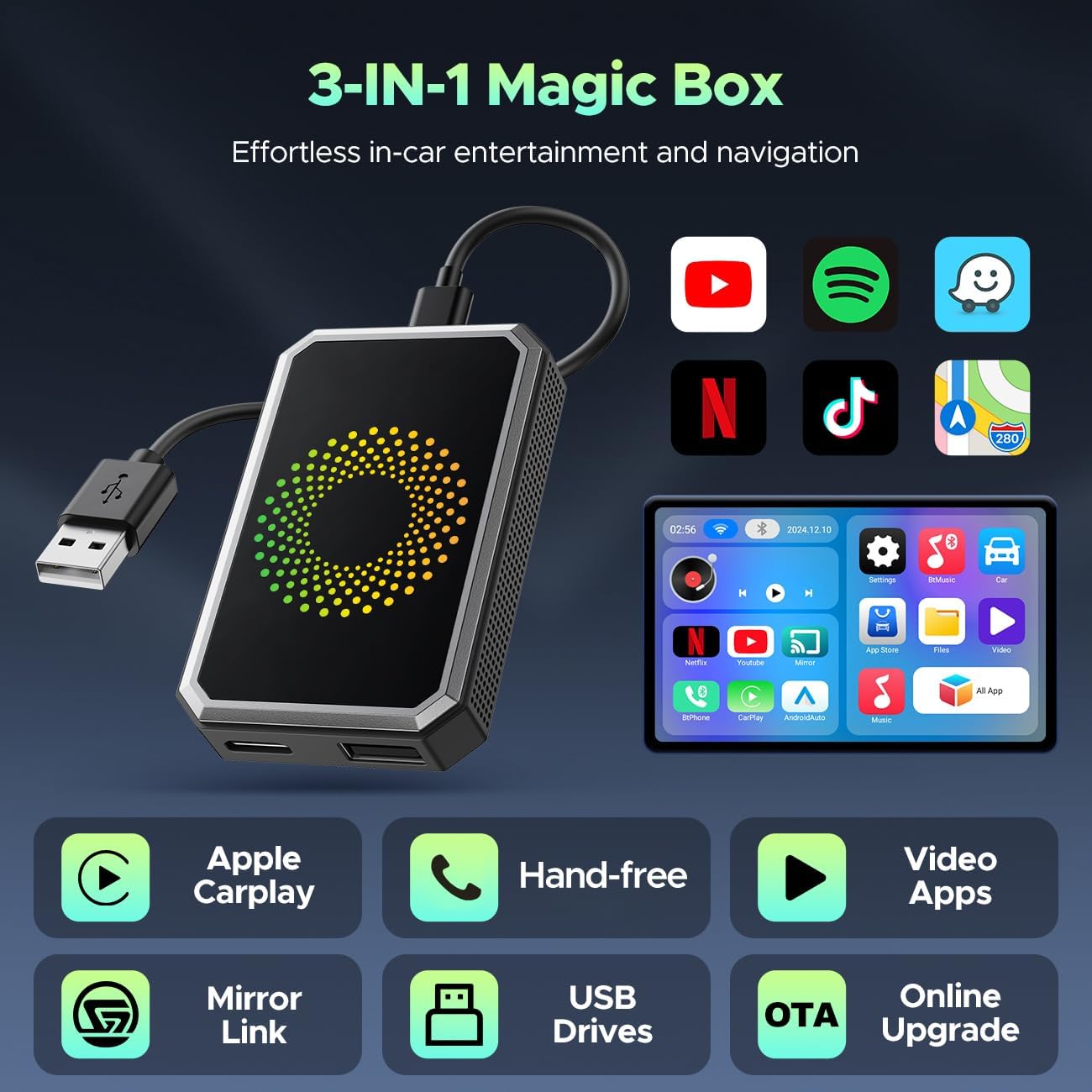 LAMTTO 3-in-1 Magic AI Box Video Player for Streaming Netflix/YouTube/TikTok on Car Screen Wireless Carplay Adapter Dongle with USB Drive for OEM Wired Apple Car Play Cars