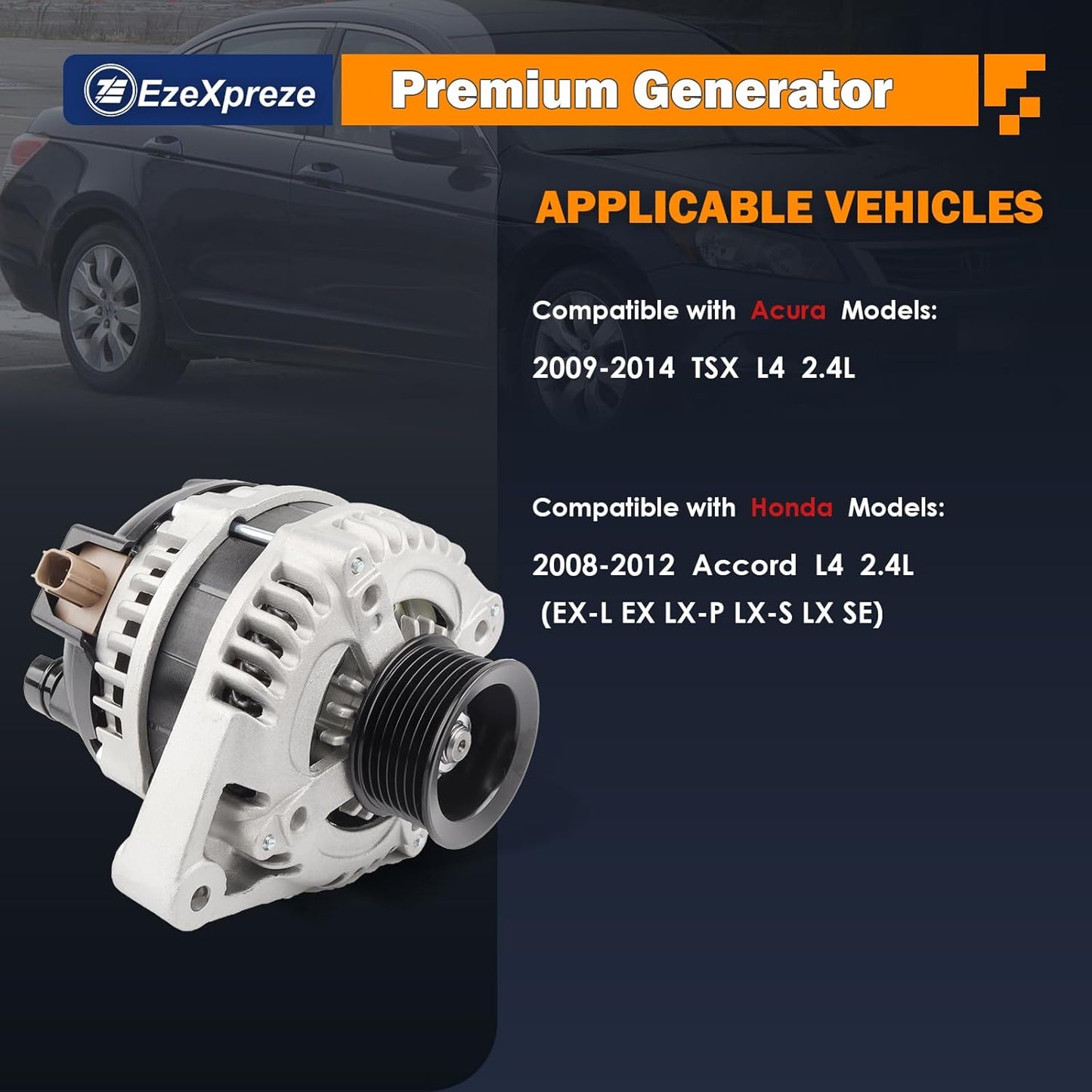 Ezexpreze 11390 Alternator Replacement for 2.4L Honda Accord 2008 2009 2010 2011 2012,Acur.a TSX 2009 2010 2011 2012 2013 2014 130A,12V,CW,7-Groove Pulley, OE#11390,1042105890,12870