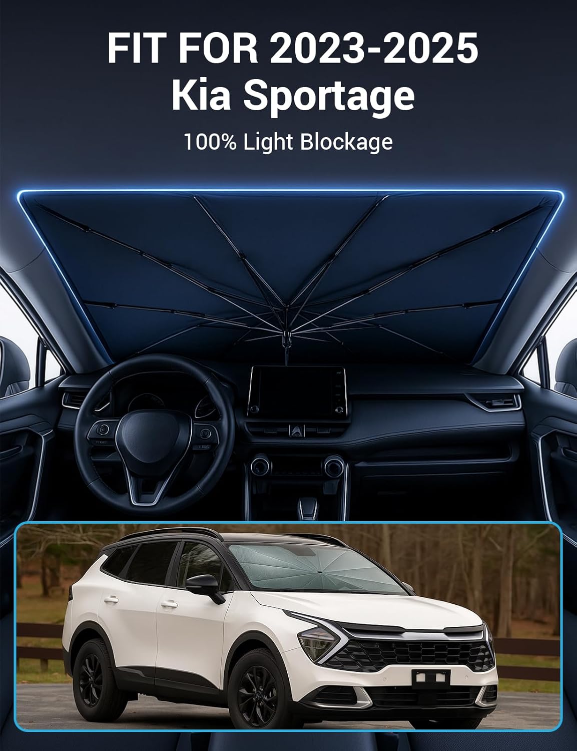 Proadsy Windshield Sun Shade Umbrella for Kia Sportage 2023-2025 2026 Foldable Car Umbrella Sunshade with Soft TPU Handle Spring Structure Crystal Cooling Material Protect Car from Rays & Heat