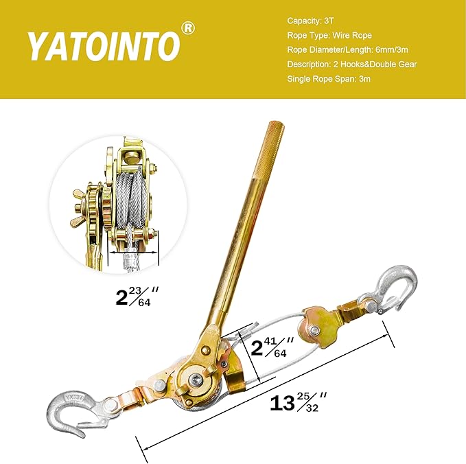 Come Along Winch 3 Ton Cable Winch Puller Double Rope 10Ft Heavy Duty Hand Puller Double Gear 6600LB with 2 Hooks Cable Ratchet Puller for Lifting Pulling