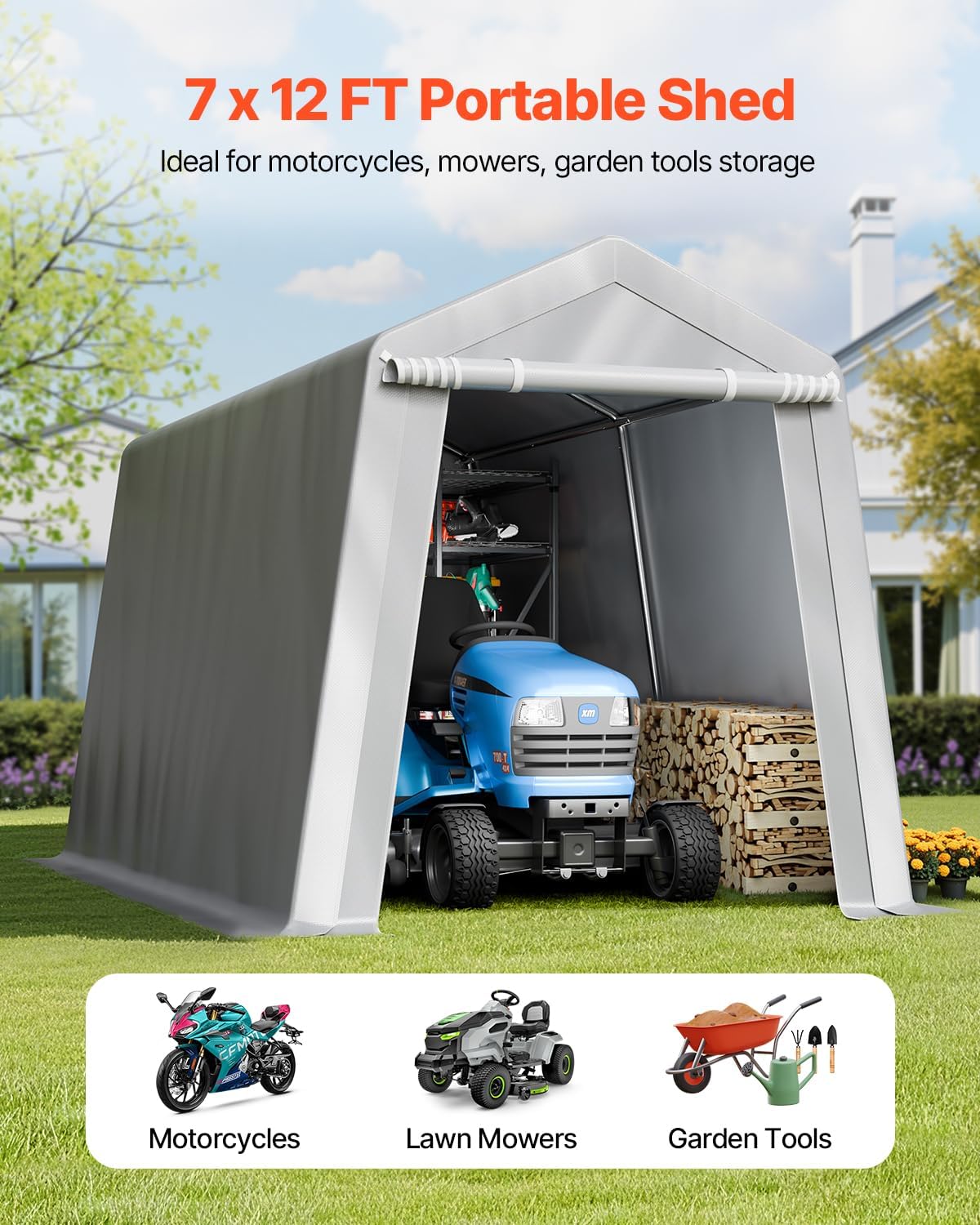 VEVOR Outdoor Storage Shed, 7 x 12 ft Portable Storage Tent with Roll-up Door & Vents, Waterproof Canopy Shed Shelter, Heavy Duty Frame, Patio Garage Carport for Motorcycle, Lawn Mower, Bike, Grey
