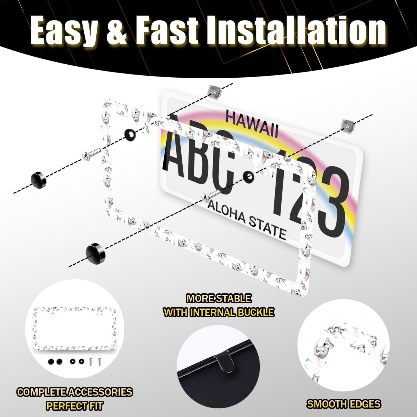 Watercolor Koala License Plate Frame Colorful Animal License Plate Holder Funny License Plate for Car Decoration Stainless Steel Cute Auto Parts with Screws for Men Women 12.3" x 6.3"