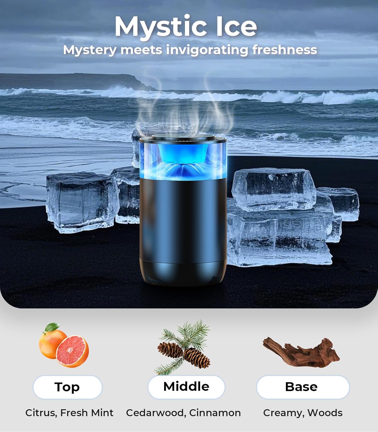 Smart Car Air Fresheners, Ambient Light & Mist Fragrance, Auto On/Off Car Air Freshener Diffuser, Adjustable Intensity, Lasts 6 Months, Built-in Battery, Premium Scents Refill X2 - Mystic Ice