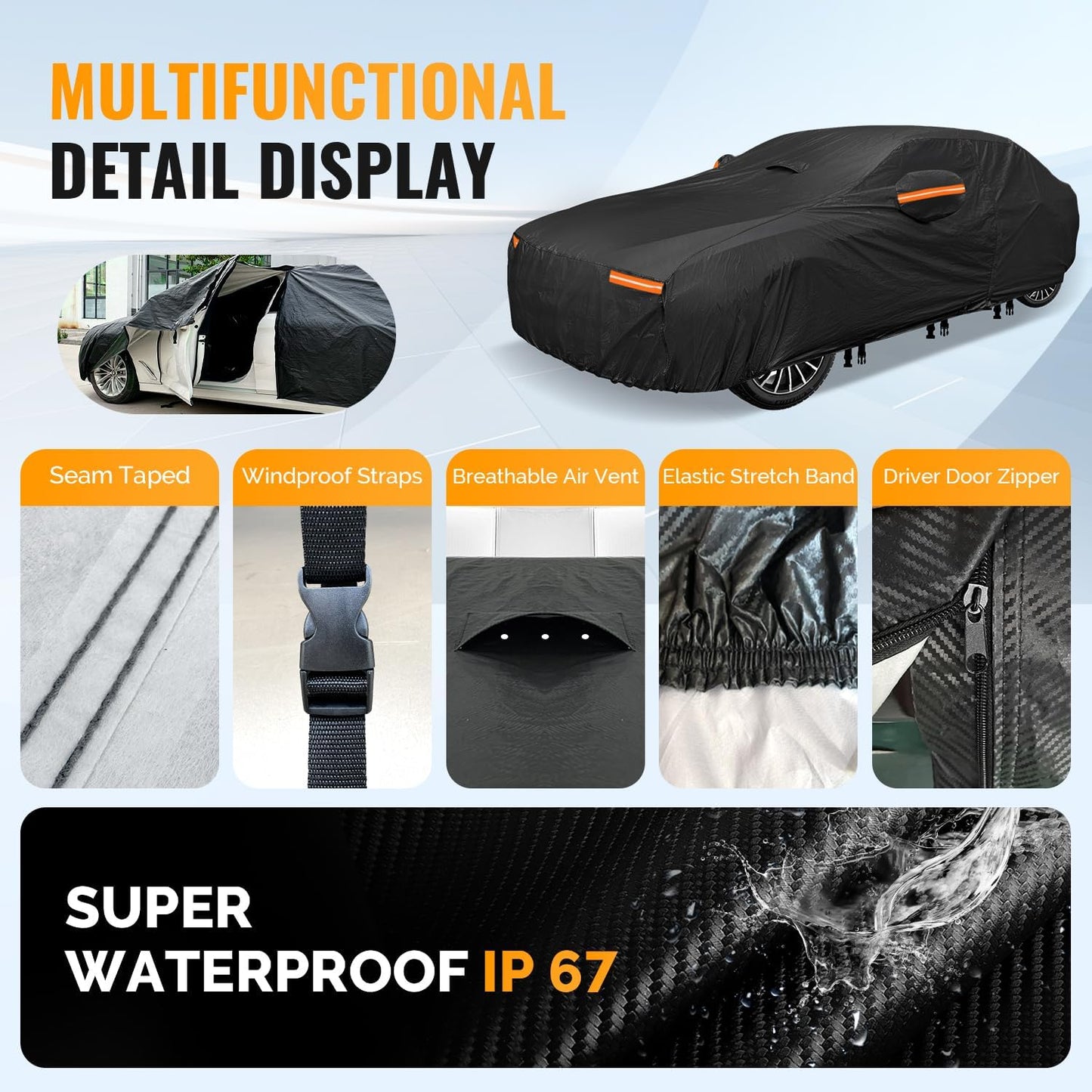 30 Layers Car Cover for Automobiles All Weather Waterproof, Outdoor Snowproof UV Protection Windproof, Door Zipper, Soft Cotton, Heavy Duty Universal Car Covers, (Black, Fit Sedans 201"-210")