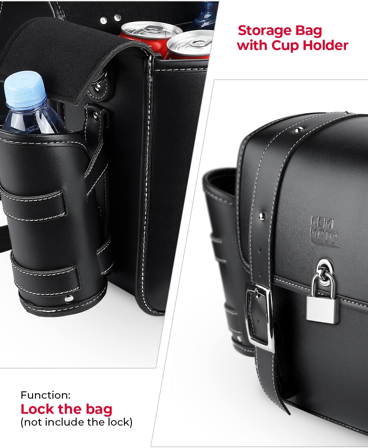 KEMIMOTO Motorcycle Saddlebags Throw Over Saddle bags 20L Faux Leather Side Luggage Bags with cup holder for Sportster Softail Dyna Rebel Shadow Universal Black