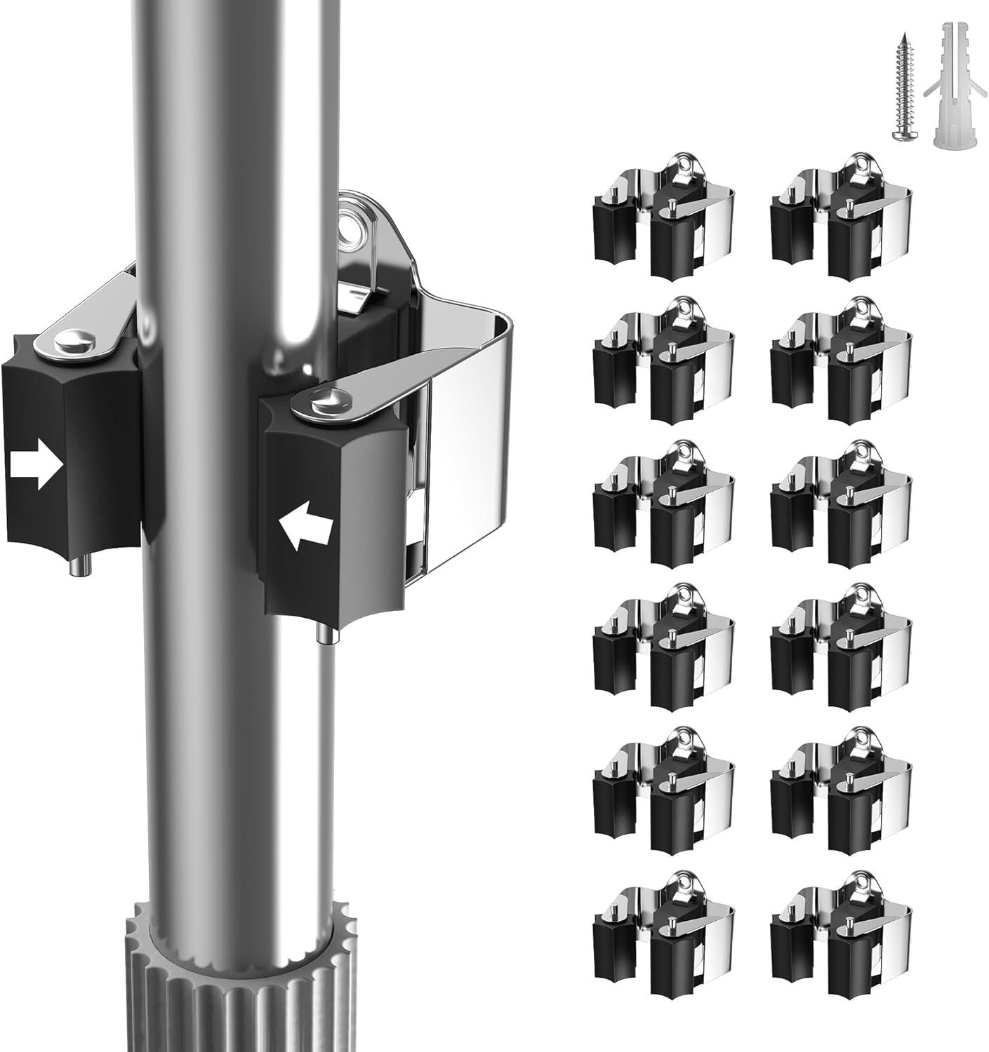 Broom Holder Wall Mount – 12 Pack Broom Rack with Star Shaped Rubber Rollers & Nickel Plated Brackets for Strong Grip and Long Life – Ideal for Garden Tools Organization