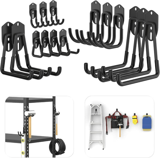 TORACK 15PCS Garage Storage System Hooks, Shelving Hooks for Keyhole Shelving Units Wall Mount Utility Hooks for Tools, Ladders, Cords, Folding Chairs, Shovels and Rakes(Black)