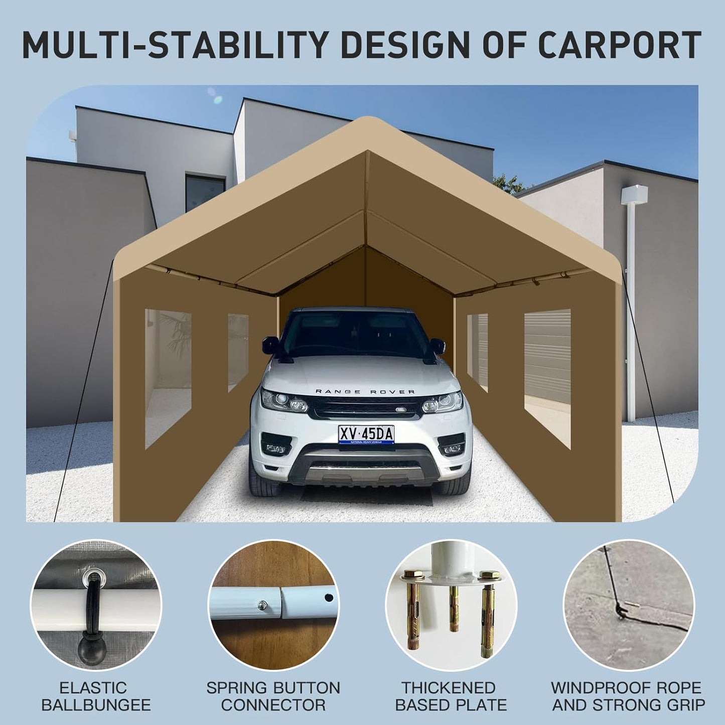 Car Canopy Portable Garage Duty Carport with Roll-up Windows,Portable Garage with Removable Sidewalls & Doors, Car Canopy with All-Season Tarp for Car Boat Truck Motorcycle 10FT×20FT (Khaki)