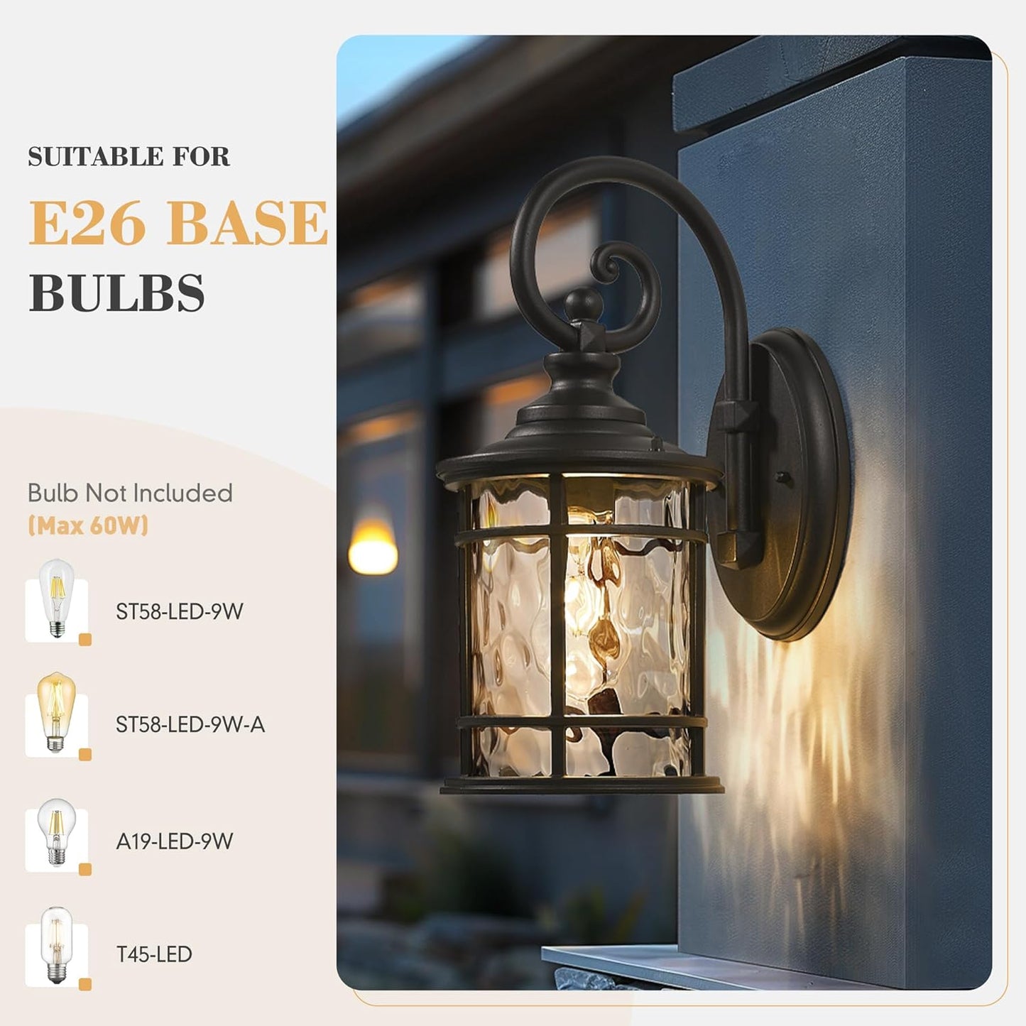 Emliviar Farmhouse Outdoor Light Fixture, 15.5" Exterior Lighting Fixtures with Water Ripple Glass, Die-Casting Aluminum in Black Finish, XE229B-WG BK