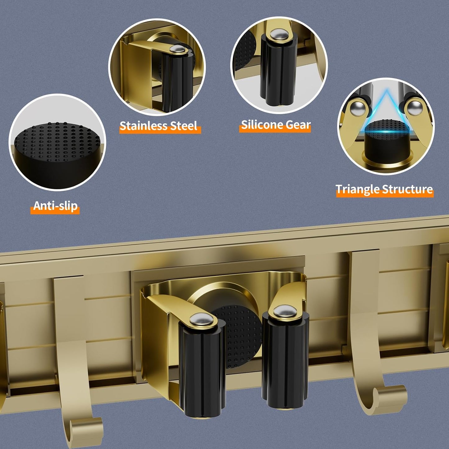 Broom Holder Wall Mount Mop and Broom Hanger Wall Mounted Garage Storage Rack Kitchen Garden Tool Organizer (4 Racks with 5 Hooks, Bronze)