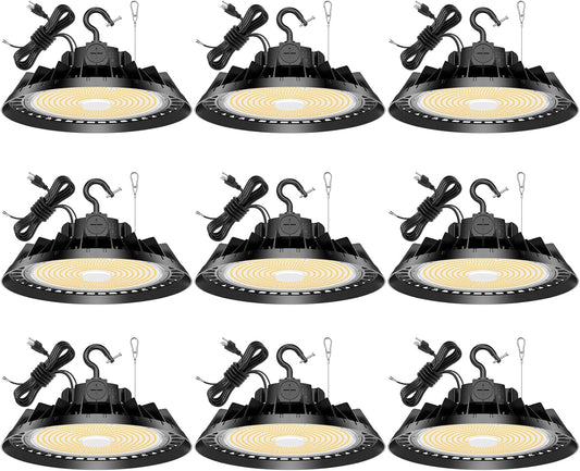 9Pack LED High Bay Lights, 300W UFO High Bay LED Shop Lights, 45000LM Adjustable CCT(5700K 5000K 4500K) & Power(300W 240W 200W), 0-10V Dimmable, 5' Cable Plug, IP65 Waterproof, ETL & DLC Listed
