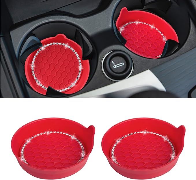 Amooca Car Cup Coaster Universal Non-Slip Cup Holders Bling Crystal Rhinestone Car Interior Accessories 2 Pack Red