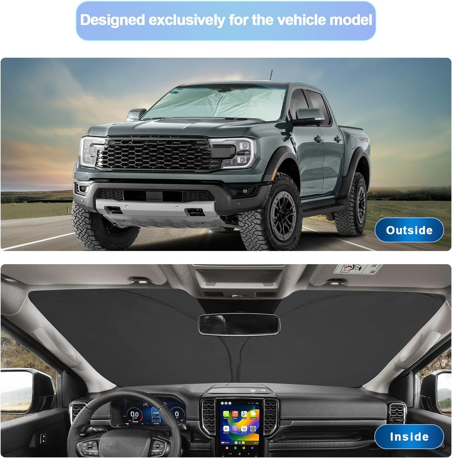 SXCY for 2024 2025 Ford Ranger Windshield Sunshade for 2024 2025 Ranger XL/XLT/Lariat/Raptor Accessories 2024 2025 Ford Ranger Sun Shade Foldable Sun Shield 2024 2025 Ranger Sun Protector Block UV Ray