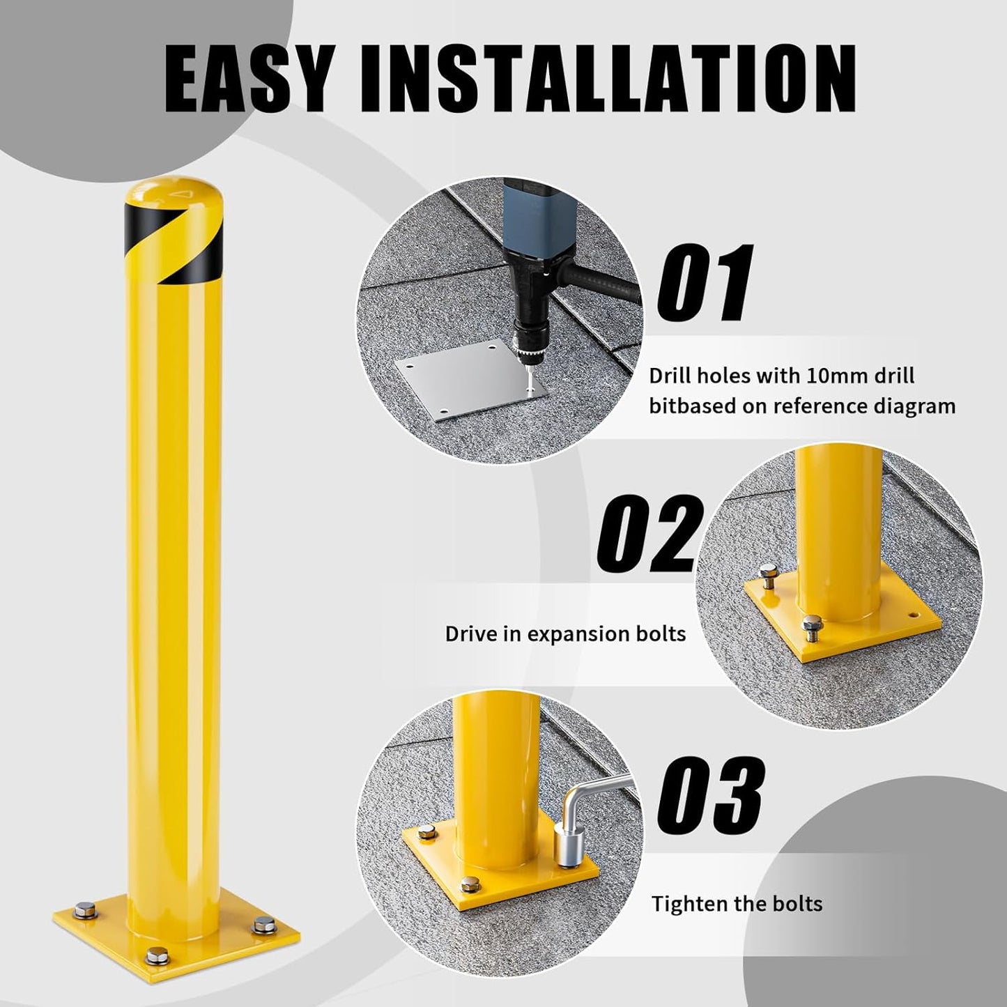 Safety Bollard Post, 42 Inch Height Steel Bollards, 4.5 Inch Diameter Parking Bollard, Yellow Powder Coated Safety Parking Barrier Post, for Traffic Sensitive Areas,3P