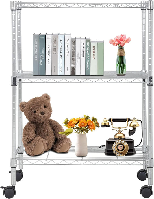 BestOffice 3-Tier Adjustable Wire Shelving Storage Shelves Heavy Duty Shelving Unit with Wheels for Small Places Kitchen Garage Balcony,Chrome