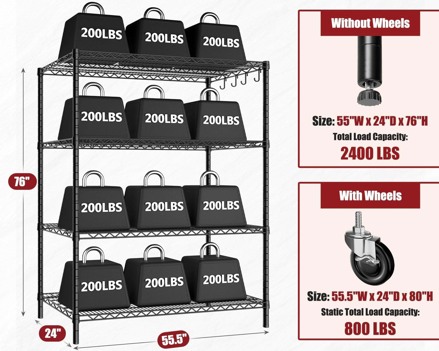 PrimeZone 5 Packs 55.5" W x 24" D x 80" H Heavy Duty Wire Storage Shelves with Wheels, 4 Tier Adjustable NSF Certified Garage Shelving Unit, Rolling Metal Organizer Shelf Rack for Warehouse, Pantry