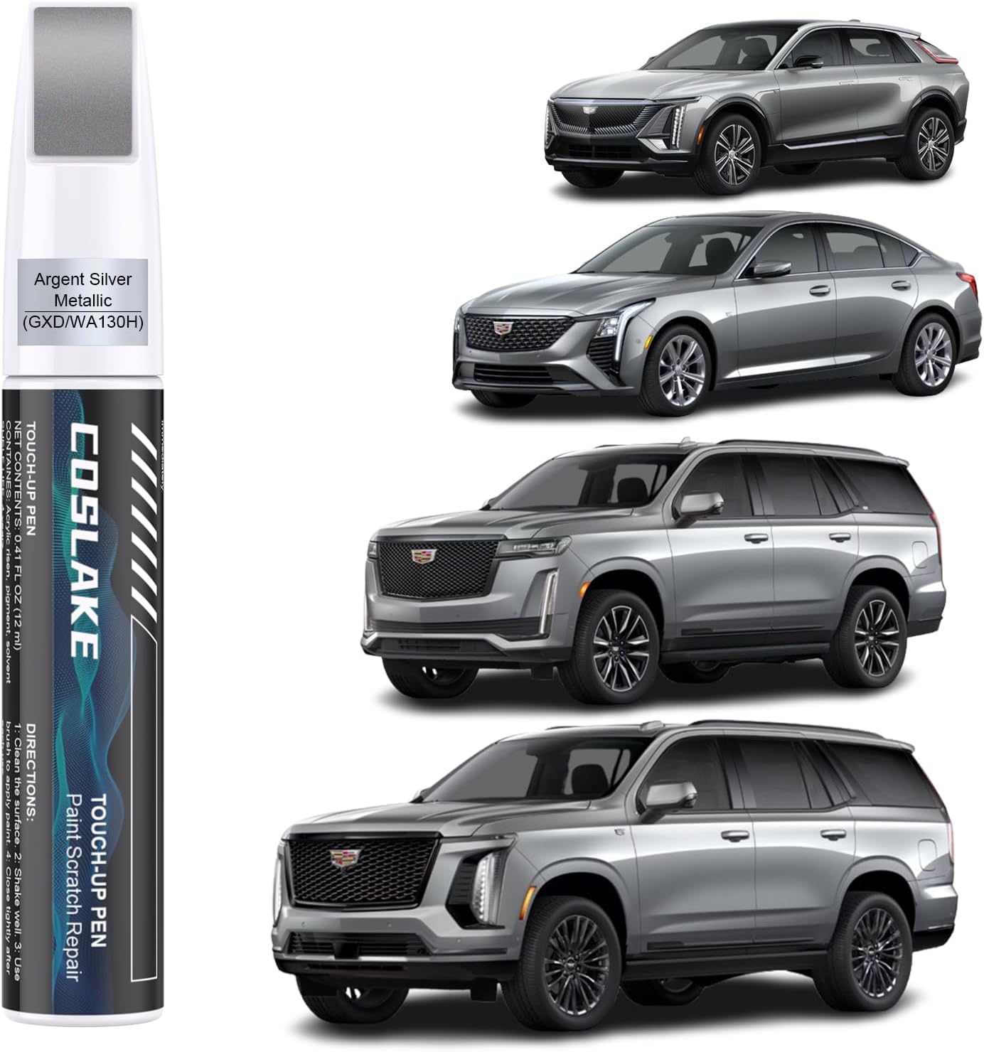 Car Touch Up Paint(Argent Silver Metallic(GXD/WA130H)) for Cadillac, Car Paint Scratch Repair Kit, Quick & Easy Solution to Repair, 2 in 1 Scratch Remover Pen with 2PCS Disposable Micro Applicators